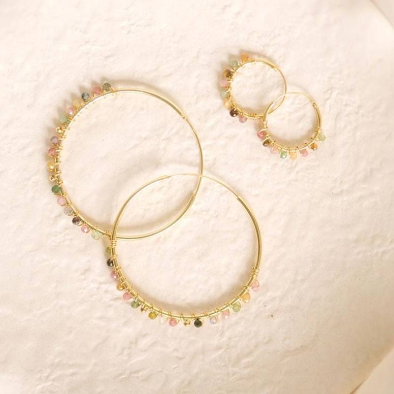 Boho Wassermelonen-Turmalin Creolen Winzige Kristallperlen Oktober Geburtsstein Schmuck von ARENNAjewels