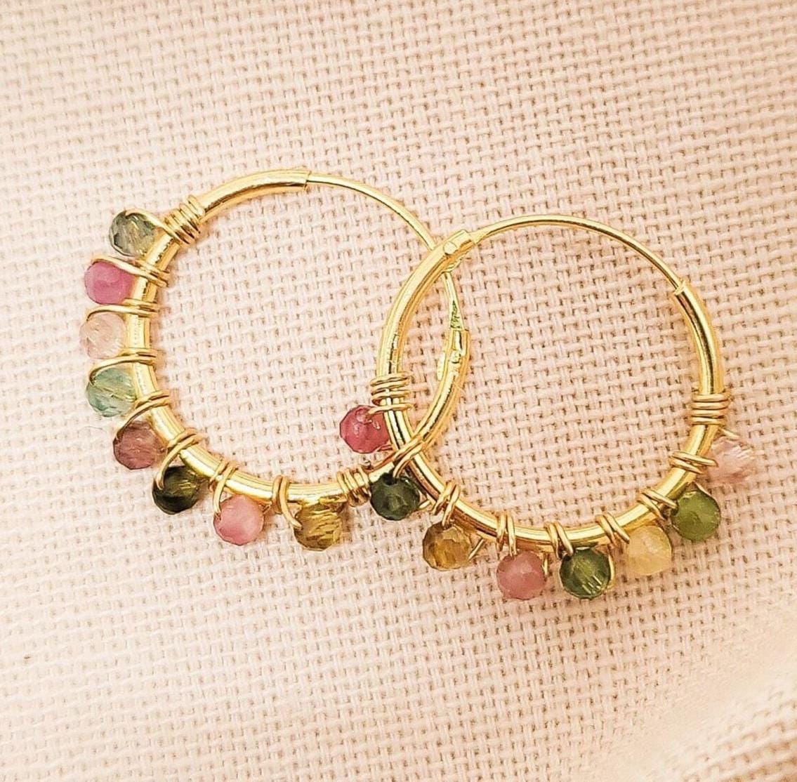 Wassermelonen-Turmalin Huggie Creolen Boho Edelstein Ohrringe Kristallschmuck Für Sie von ARENNAjewels