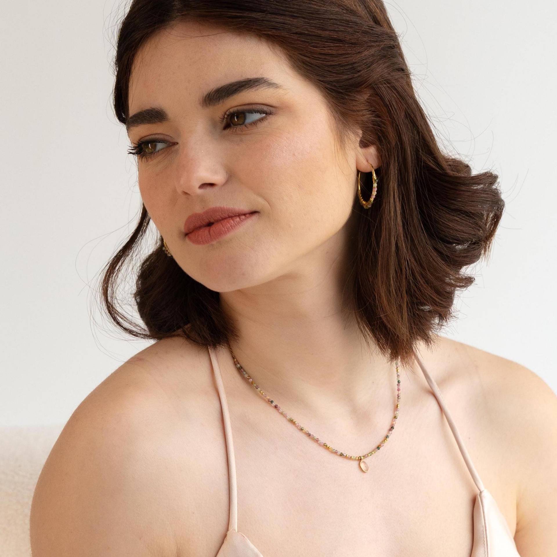 Wassermelonen-Turmalin Schmuckset Perlenkette Mit Gold Creolen Oktober Geburtsstein von ARENNAjewels