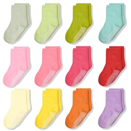 ARERWA Antirutschsocken Kinder 12 Paar Stoppersocken Kinder Rutschfeste Socken Baumwollmischung Crew Socken für 1-3 Jahre Kleinkind Mädchen von ARERWA