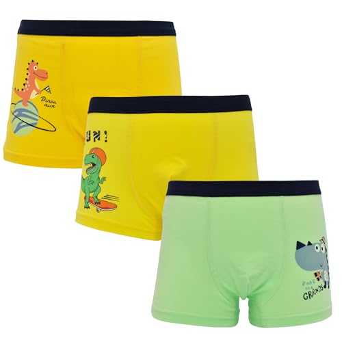 ARERWA Jungen Boxershorts Dinosaurier Cartoon Muster Kinder Unterwäsche Baumwolle Boxershorts Coole Jungen Unterhosen, 3er Pack, 5-6 Jahre alt gelb grün von ARERWA