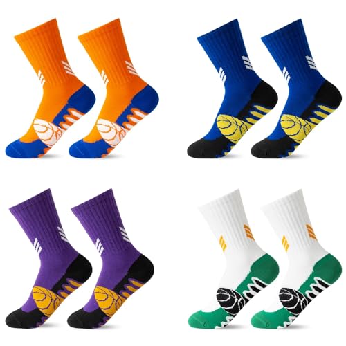 ARERWA Kinder Basketball Socken - 4 Paar Crew Sportsocken Kinder Jathletische Baumwoll Socken für Fußball Rugby Tennis 9-12 Jahre Jungen Mädchen von ARERWA