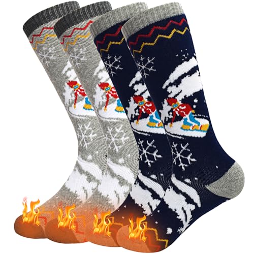 ARERWA Kinder Skisocken Thermisch Knielang Premium - Weich, strapazierfähig und warme Snowboardsocken für Jungen Mädchen (3-6 Jahre) 2 Paare Dunkelblau + Hellgrau von ARERWA