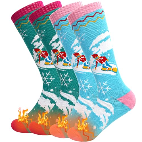 ARERWA Kinder Skisocken Thermisch Knielang Premium - Weich, strapazierfähig und warme Snowboardsocken für Jungen und Mädchen (3-6 Jahre) 2 Paare Himmelblau + Seeblau von ARERWA