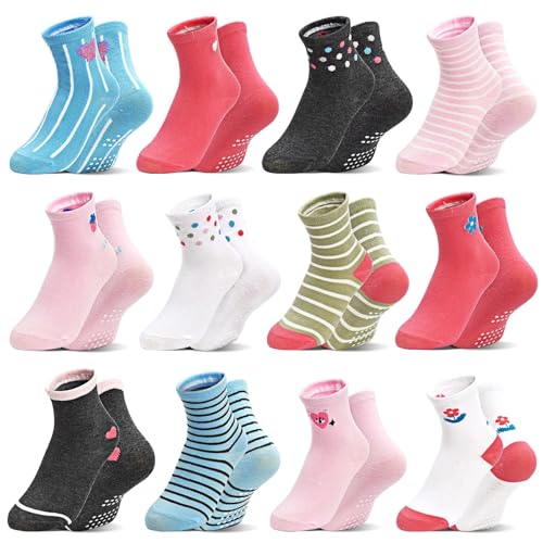ARERWA Stoppersocken Kinder 12 Paar Mädchen Rutschfeste Socken Antirutsch Kinder Crew Socken für 5-7 Jahre Mädchen von ARERWA