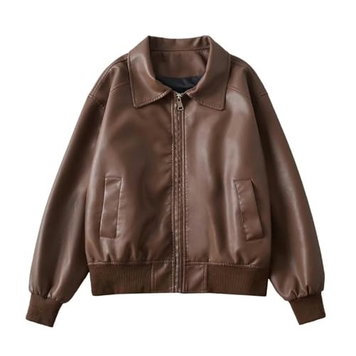 ARESU 2023 Herbst Neue PU-Leder Revers Lose Reißverschluss Damen Lederjacke-Kaffee-M von ARESU