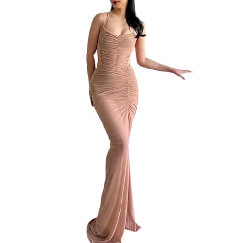 ARESU Europäische und amerikanische sexy figurbetonte Lange Kleider für Frauen, Sommerurlaub, rückenfrei, hoher Schlitz, Strandkleid, gerüscht, Party-Club-Kleid, Khaki, M von ARESU