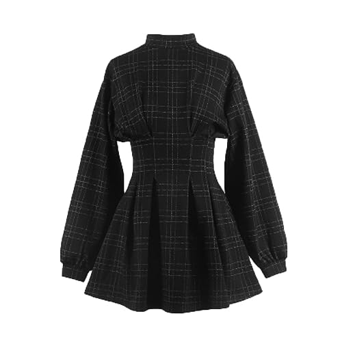 ARESU Goth Kleid Gothic Harajuku Vintage Plaid Wrap Schwarz Minikleid Retro Plissee Punk Langarm Dark Emo Ästhetik Kpop-Graues Gitter-S von ARESU