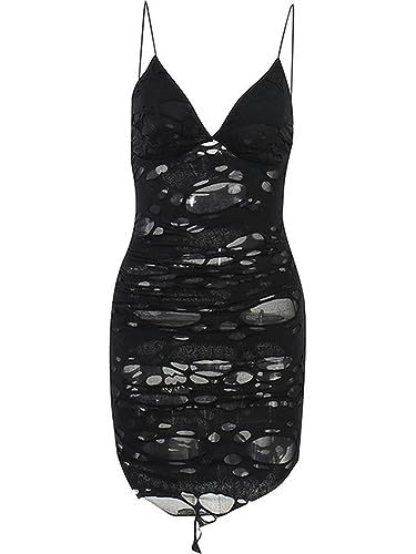 ARESU Gothic Zerrissenes Kleid Sexy V-Ausschnitt Ausschnitt Mini Schwarzes Kleid Damen Mode Party Wear Tank Top-schwarz-S von ARESU
