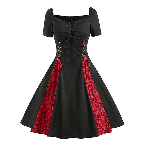 ARESU Retro Gothic Rosetic 50er 60er Jahre Schnürkleid Damen Kleider Baumwolle Reißverschluss Plissee Weiblich Elegant Übergroß Party Verbandkleid 2023-Schwarz-L von ARESU