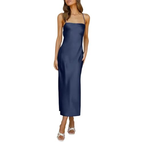 ARESU Sexy Spaghettiträger, rückenfrei, Sommerkleid, Damen, Satin, Seide, Schnürung, figurbetont, langes Kleid, Elegante Damen, Party, Club, Kleider, Blau, L von ARESU