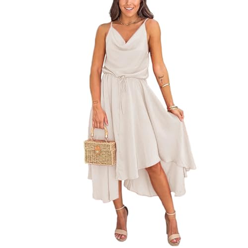 ARESU Sommer lässiges ärmelloses Kleid mit Wasserfallausschnitt für Damen, Slip-Kleid, Spaghettiträger, Taillenband, Midi-Kleider, Beige, M von ARESU