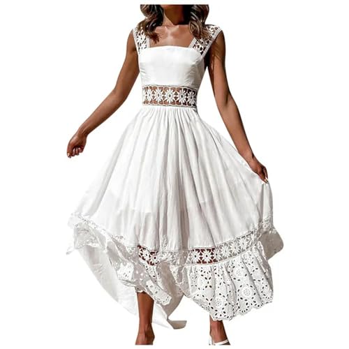 ARESU Spitzenhäkelarbeit, aushöhlen, weiße Kleider für Damen, ärmellos, rückenfrei, Urlaub, lässig, Boho-Kleid, Damen, lockeres Strand-Maxi-Baumwollkleid, Weiß, XXL von ARESU