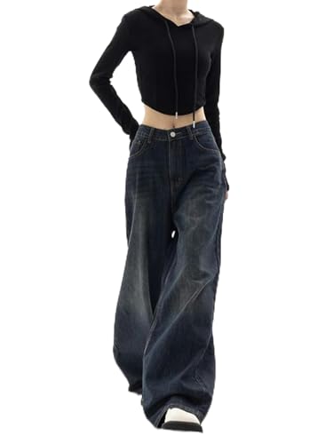 ARESU Vintage Damen Jeans mit weitem Bein, Harajuku, Baggy-Denim-Hose, übergroße Streetwear, Y2k-Herbsthose, koreanische Mode, Foto, S von ARESU