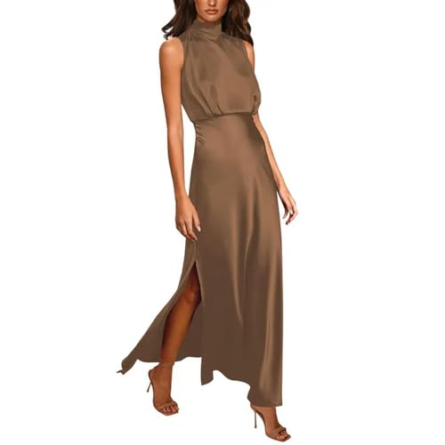 ARESU Vintage-Kleid mit Stehkragen, ärmellos, Satin, Damen, elegant, hoch gespalten, formelles Party-langes Kleid, weiblich, schlanke Taille, Abendkleid, Khaki, L von ARESU