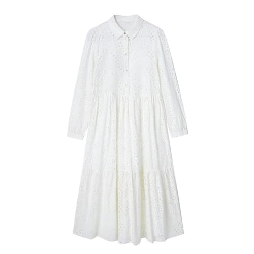 ARESU Weißes Stickerei-Kleid für Damen, Ausgeschnitten, langes Kleid, Damen-Sommer-Hemd, Midi-Kleider für Damen, langärmeliges Kragen-Damenkleid, Weiß, M von ARESU