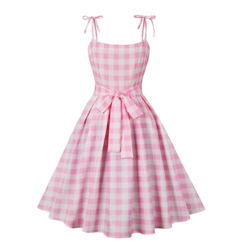 Damen Vintage Barbiee Rosa Kariertes Kleid Retro Rockabilly Fliege Hosenträger Cocktailparty 1950er 40er Swing Kleid Sommerkleid-1-L von ARESU