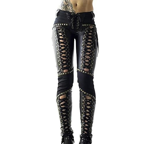 Damenhose Punk Rock Kunstleder Bleistifthose-Schwarz-XL von ARESU