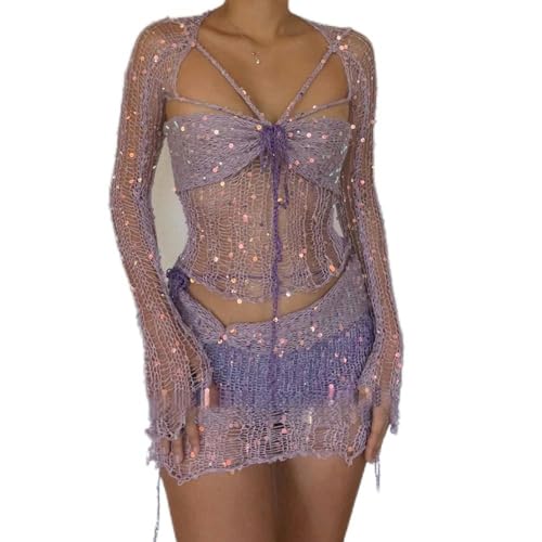 Europäische und amerikanische Kleidung 2023 Neuer dreiteiliger Anzug mit Pailletten-Strickpullover-Lila-M von ARESU