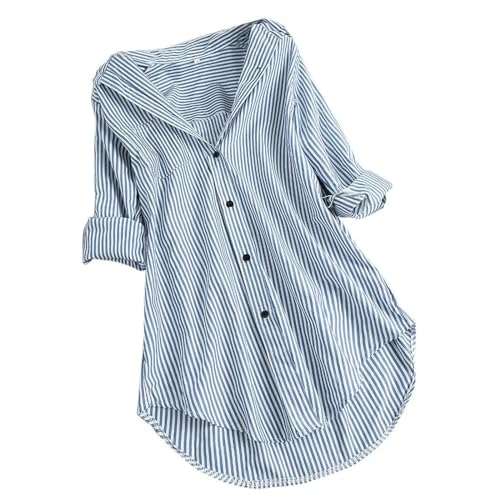 Plus Size Schwangere Frau Streifen Langarm Umlegekragen Knopf Lose Top Shirts Bluse Umstandsshirts 2023 Mode-Himmelblau-M von ARESU