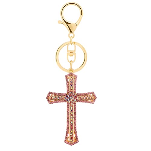 ARFUKA Schlüsselanhänger Edelstahl Iced Out Schlüsselanhänger Bling Kreuz Anhänger Metall Keychain Religiöser Schlüsselbund Geburtstag Weihnachtsgeschenke für Männer und Frauen Rosa von ARFUKA