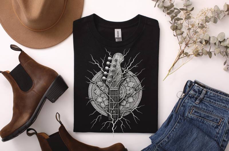 Gitarre T-Shirt Unisex - Rock Mandala Gitarrenhals Line Art, Musik Geschenk Für Gitarristen, Band & Festival Shirt Musikliebhaber Musiker von ARIANDeutschland
