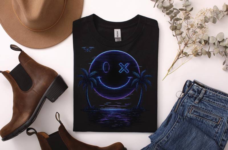 Neon Glitch Smiley Palm Beach T-Shirt Unisex - Vaporwave Retro 80Er Strand Shirt Mit Palmen Sommer Streetwear Geschenk Für Herren & Damen von ARIANDeutschland