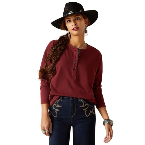 ARIAT Damen Terry Henley Sweatshirt, Oxford-Rot, Gro von ARIAT