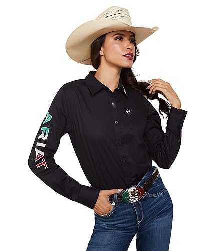 ARIAT Damen Wrinkle Resist Team Kirby Stretch Shirt, Schwarze Flagge mit Mexiko-Flagge, Mittel von ARIAT