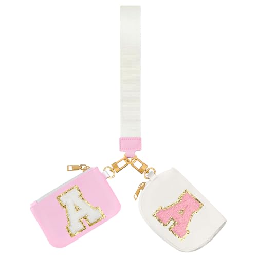 Initial Wallets for Women Dual Pouch Wristlet Portable Coin Purse Small Wallets Mini Detachable Coin Keychain Zip Bag Portable Coin Wallet, Pink+Beige, A von ARIKJ