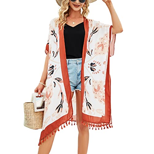 ARIMIA Strand Kimono Damen Kimono Lang Strandkleid Sommer Urlaub Strandkleider Strandponcho Pareo Badeanzug Bikini Cover Up (Orange) von ARIMIA