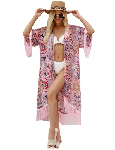 ARIMIA Strandkleid Strand Kimono Damen Kimono Lang Sommer Urlaub Strandkleider Strandponcho Pareo Badeanzug Bikini Cover Up (pink) von ARIMIA