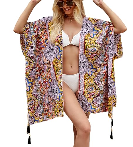 ARIMIA Strandkleid Strand Kimono Damen Kimono Lang Sommer Urlaub Strandkleider Strandponcho Pareo Badeanzug Bikini Cover Up (rot-Blumen) von ARIMIA