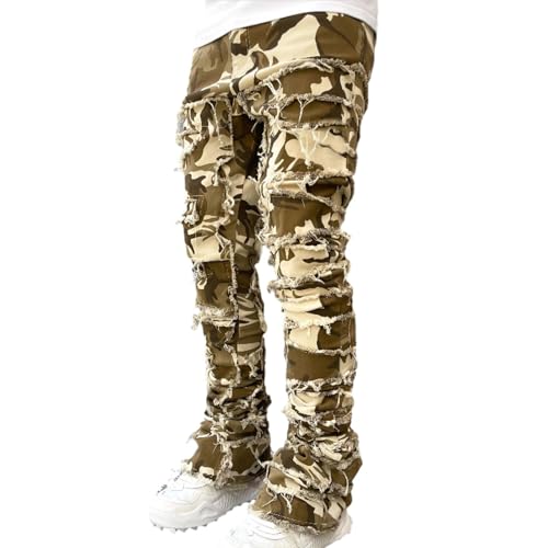 Herren Stacked Jeans Herren Slim Fit Stretch Jeans Ripped Distressed Skinny Denim Pants Fit Stretch Jeans Ausgefranste Stacked Straight Leg Hose Streetwear Hip Hop Urban Style Men Biker Jeans S-XXL von ARIOU