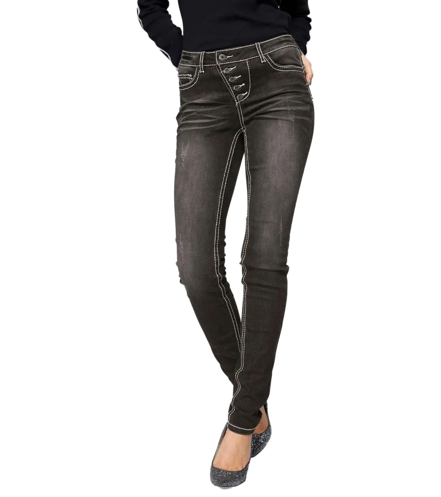 ARIZONA Damen Jeans modische Denim-Hose mit Destroyed-Effekten Baumwoll-Hose 2588 0969 Schwarz von ARIZONA