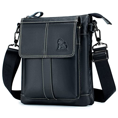 Nefli Herren Echtleder Umhängetasche Messenger Crossbody Bag Fits 10-Zoll-Tablet für Business-Büro Arbeit Schule Schwarz von ARKTOS