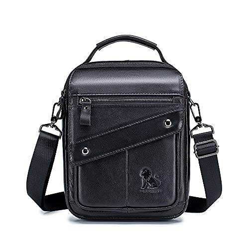 Nefli Herren Echtleder Umhängetasche Messenger Handtasche Crossbody Bag Fits 7.9 Inch Tablet für Business Büro Arbeit Schule mit verstellbarem Riemen Schwarz von ARKTOS