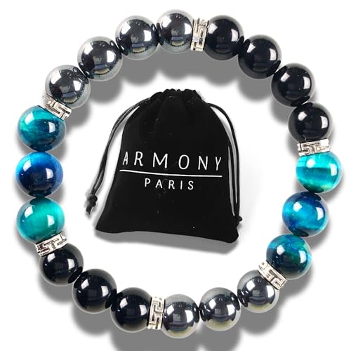 ARMONY PARIS Armband aus Naturstein, Schutz, Chakra, für Paare, Damen und Herren, Tigerauge, Hämatit, Obsidian, Schwarz, Perlen 10 mm oder 8 mm, hergestellt in Frankreich, 10 mm, Stein, 10 mm, Stein von ARMONY PARIS