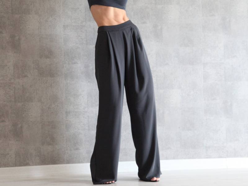 Anthrazit Hose Mit Weitem Bein | 100% Handarbeit Hohe Taille Palazzo Lockere Crepe Unsichtbarem Seitlichem Reißverschluss Weite von ARNAZAROVA