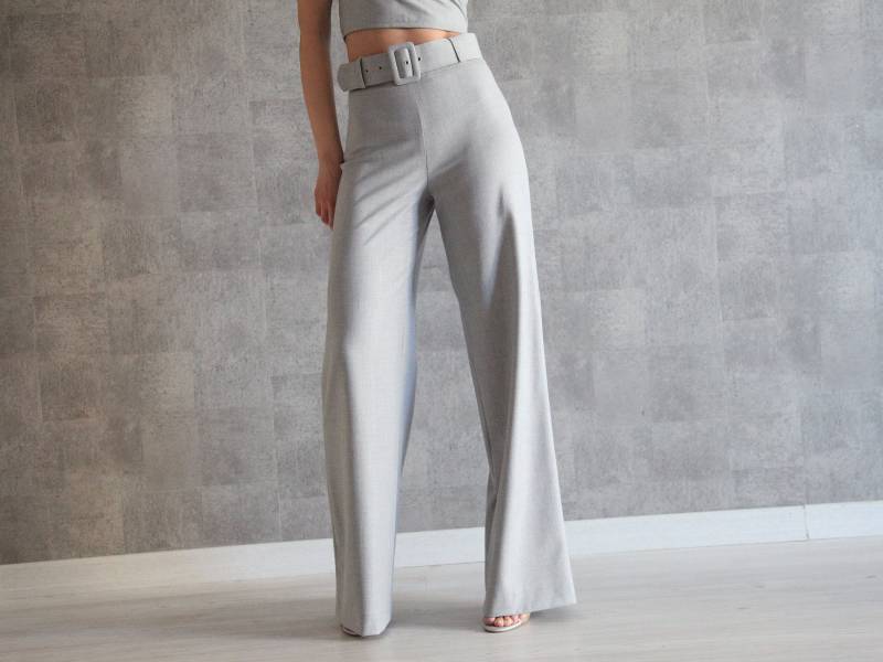 Graue Hose Mit Weitem Bein Und Gürtel | 100% Handarbeit Hoher Taille Palazzo Geradem Unsichtbarem Seitlichem Reißverschluss Weite Beinhose von ARNAZAROVA
