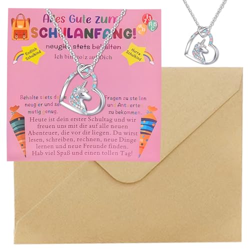 ARONRAVE Einhorn Kette Mädchen Geschenke Einschulung Mädchen Geschenk zur Einschulung mit Karte Schulanfang Schultüte Füllung Schulanfang Schulanfänger Schulbeginn Halskette Schmuck von ARONRAVE