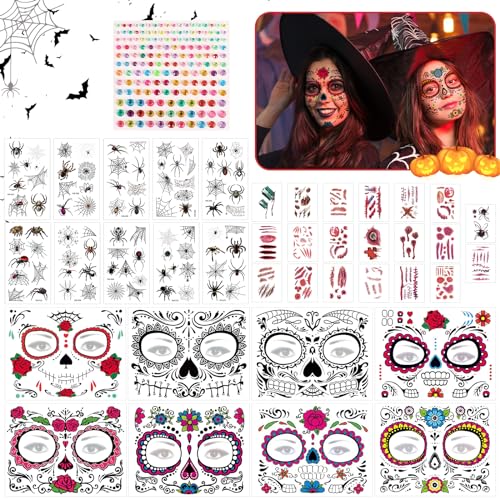 ARONRAVE Halloween Gesicht Temporäre Tattoos, 8 Blätter temporäre tattoo totenkopf mit Strass Aufkleber Halloween Narben Tattoos Spinnen Tattoos Tag der Toten Rose Gesicht Tattoo für Halloween Cosplay von ARONRAVE