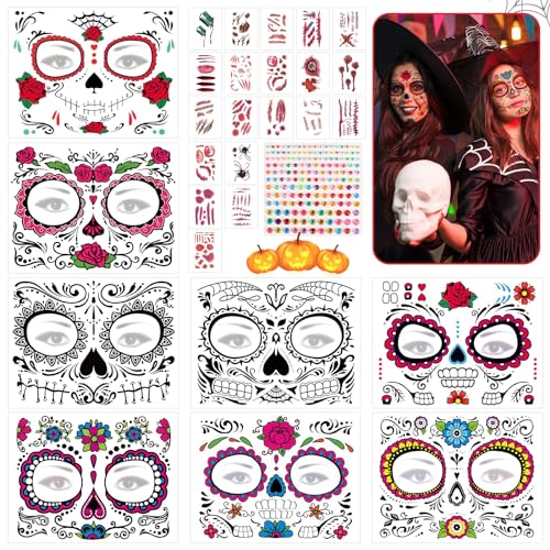 ARONRAVE Halloween Tattoos Gesicht, 14 Halloween Tattoos Gesicht + 10 Schwarz Spinnen Tattoos + 20 Halloween Narben Tattoos Halloween Tattoos Aufkleber für Karneval Mottoparty Maskerade (8+wen) von ARONRAVE