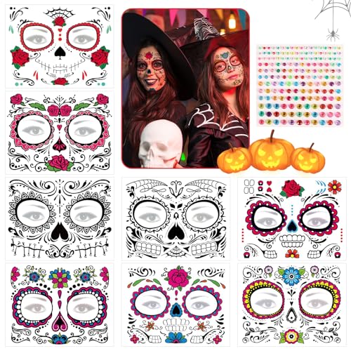 ARONRAVE Halloween Gesicht Temporäre Tattoos, 8 Blätter temporäre tattoo totenkopf mit Strass Aufkleber Tag der Toten Rose Gesicht Tattoo Halloween Tattoo Gesicht für Halloween Masquerade Party (8) von ARONRAVE