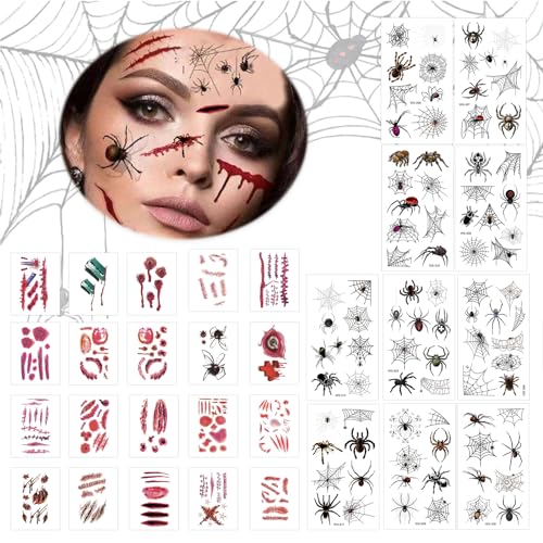 ARONRAVE Halloween Tattoos Aufkleber, 10 Schwarz Spinnen Tattoos + 20 Halloween Narben Tattoos Temporäre Tattoos Halloween Halloween Tattoo Gesicht für Karneval Mottoparty Maskerade (10+20) von ARONRAVE