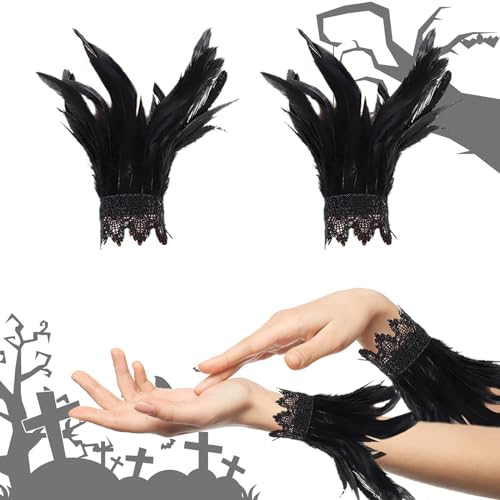 ARONRAVE Feder Handschuhe Schwarz Schwarze Federn Handschuhe Federn Schwarz Feder Manschetten Feder Handschuhe für Halloween Cosplay Party von ARONRAVE