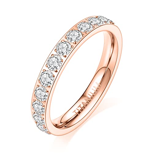 AROWRO 3 mm Damen Titan Ewigkeitsring Zirkonia Verlobungsring Jahrestagsring Ehering Größe 5 bis 9 (Roségold, 5) von AROWRO