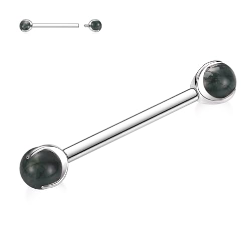 AROWRO 14G Nippel Zunge Brücke Piercing Schmuck Silber Nippel Zunge Ringe G23 Titan Nippel Zunge Schmuck mit Innengewinde Nippel Piercing Set für Frauen 14mm Grün Rutilated Quartz Nippel Piercing von AROWRO