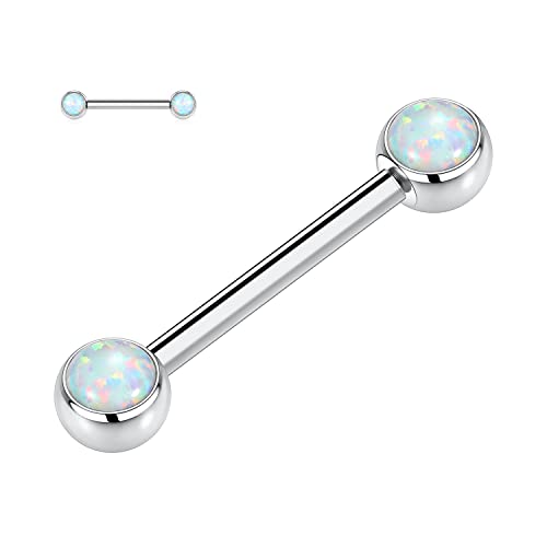 AROWRO 14G Nippel Zunge Ringe G23 Titanium Nippel Zunge Brücke Piercing Schmuck 20mm Nippel Zunge Schmuck Silber Innengewinde Nippel Piercing Set für Frauen Weiß Opal von AROWRO