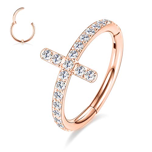 AROWRO 16G Cross Knorpel Ohrring Hoop Daith Helix Tragus Rook Ohrringe Septum Schmuck 8mm Nasenringe Rose Gold Helix Tragus Rook Daith Piercing Schmuck Chirurgenstahl Kleine Creolen für Damen Herren von AROWRO